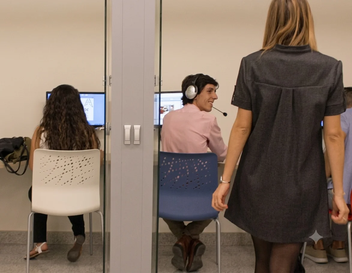 Candidatos realizando un examen TOEFL en el centro de American Language Academy en Madrid