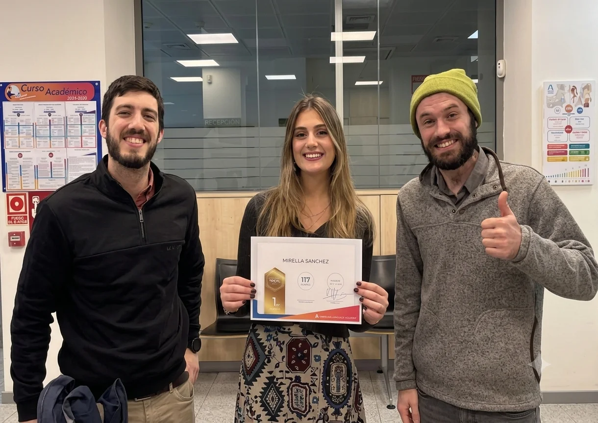 Mirella Sánchez con su certificado TOEFL de 117 puntos en American Language Academy