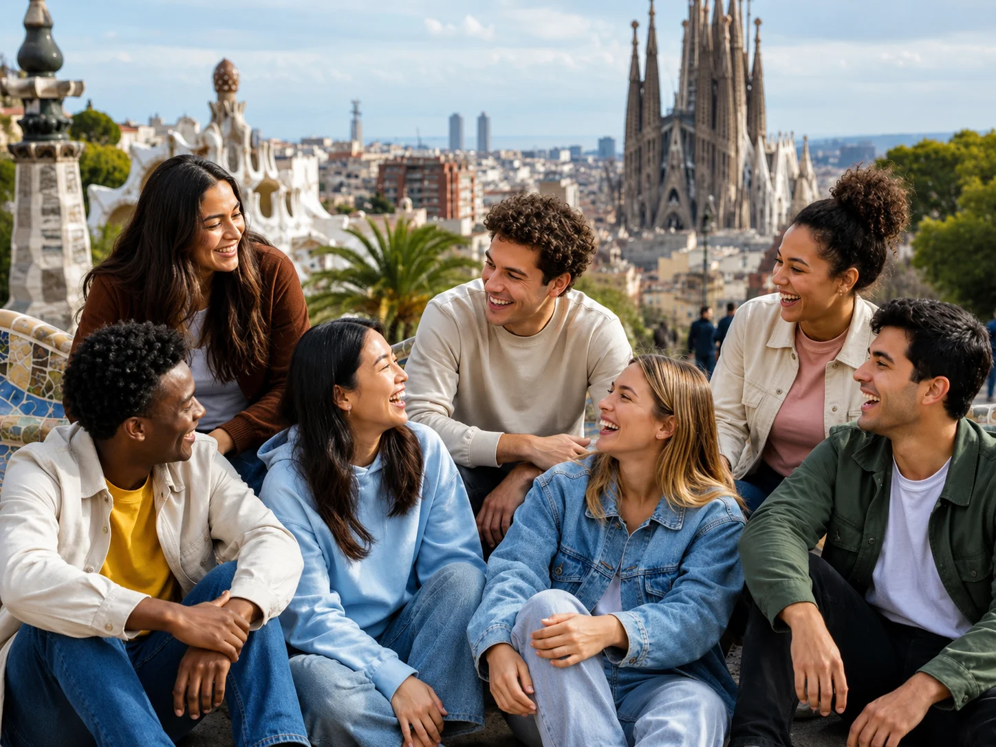 Grupo de estudiantes en Barcelona con la Sagrada Família al fondo