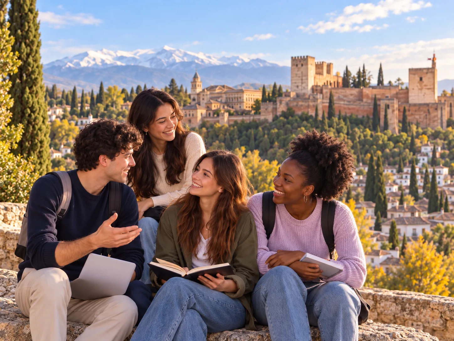 Grupo de cuatro jóvenes sonriendo con una ciudad y montañas al fondo