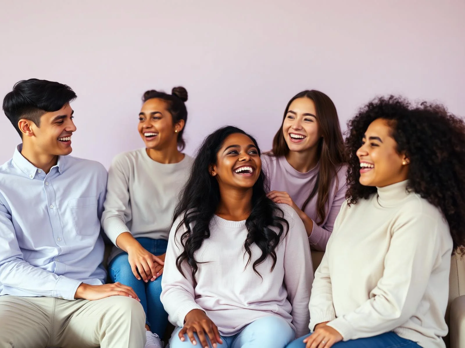 Grupo de cinco jóvenes conversando y sonriendo