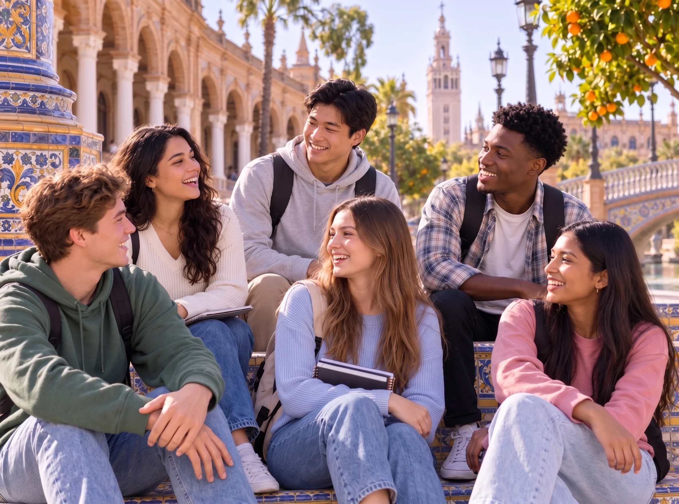 Grupo de estudiantes conversando en Sevilla